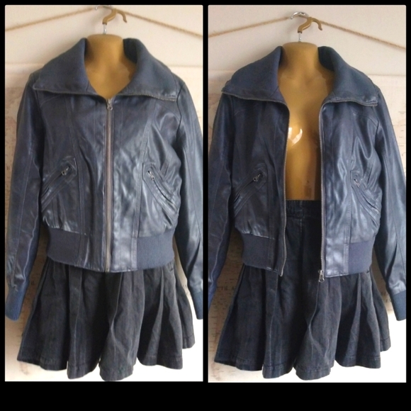 Vegan Leather Pilot Bomber Jacket in Navy-Size L - Picture 2 of 7